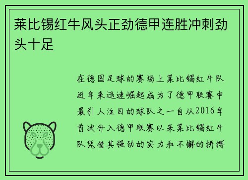 莱比锡红牛风头正劲德甲连胜冲刺劲头十足