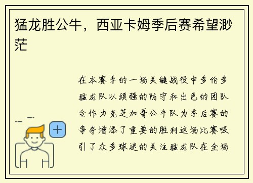 猛龙胜公牛，西亚卡姆季后赛希望渺茫